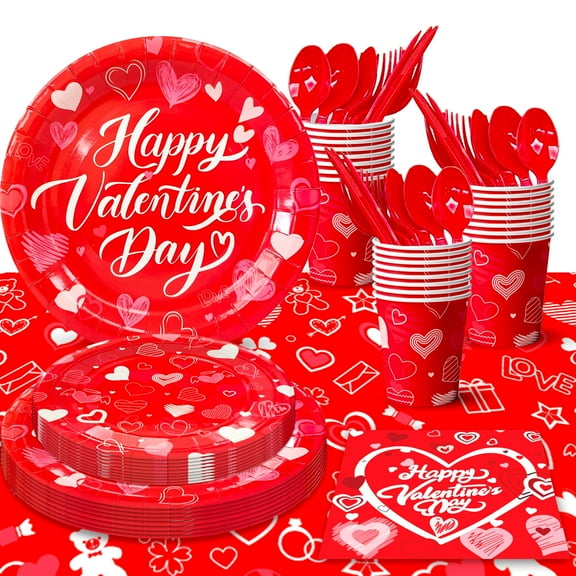 Valentines Day Party Tableware, 169 Pcs Valentine's Day Party Supplies Tableware Set - Valentines Day Party Plates Napkins Tablecloth etc Valentine Day Tableware for Happy Valentines Day Decorations