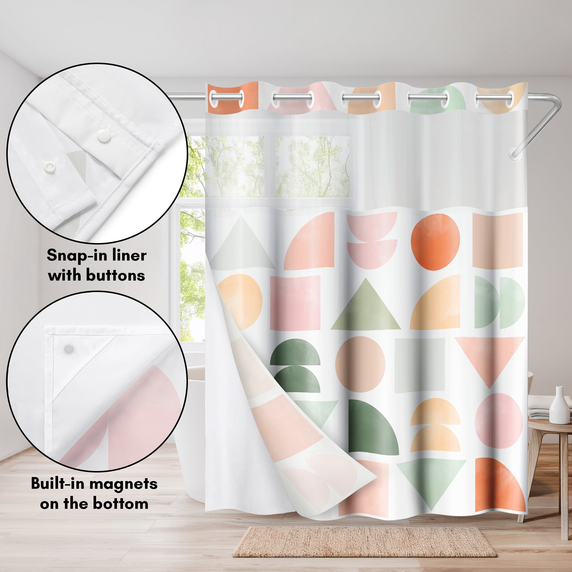 Americanflat 72x75 Hookless Shower Curtain - Abstract Orange Green Shower Curtain with Sheer Panel, Snap-In Liner, and Grommets - 100% Polyester