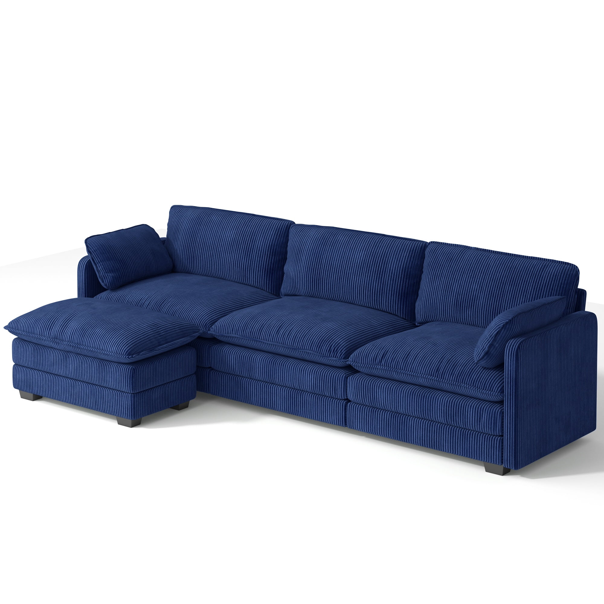 110" Sectional Sofa With Washable Cover, Comfy 3 Seater L-Shaped Corduroy Fabric Couch with Reversible Ottoman & Deep Seat for Apartment,Blue