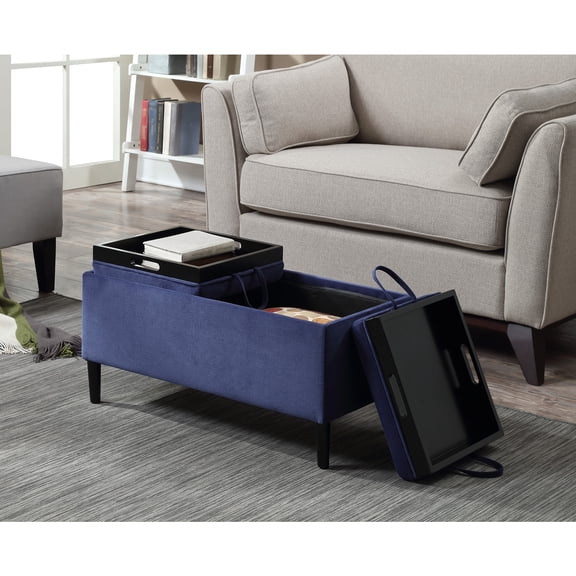 Seaside Style Storage Ottoman with Trays, Reversible Tray Lid, Upholstered Linen Fabric, Hidden Storage, Multipurpose Use as Footrest or Table, Sturdy Wood Frame