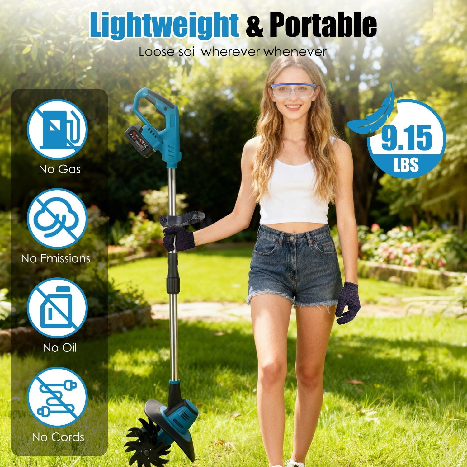 800W 21V Cordless Tiller Cultivator 3.0Ah Battery Powered Tiller With 8.66' Width 6.69' Depth Manganese Steel Tines For Soil Cultivation Weeding Gardening