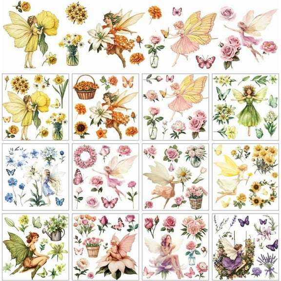 12 Sheets Flower Fairy Rub on Transfers for Crafts Colorful Fantasy Fairy Rub on Transfer Stickers PVC Rub on Decal for DIY Home Furniture Window Wood 14x14cm