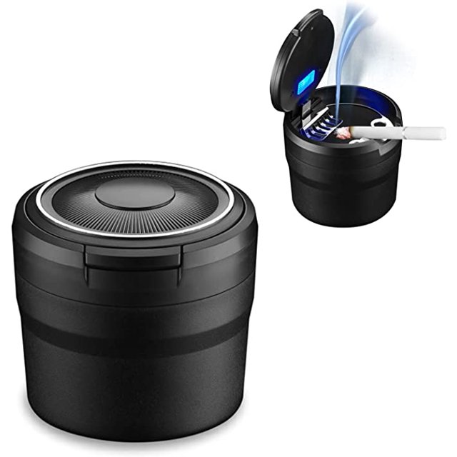 Cenicero de coche, cenicero extraíble fácil de limpiar con luz LED de tapa abatible, cenicero de coche autoextinguible para RV al aire libre (negro)