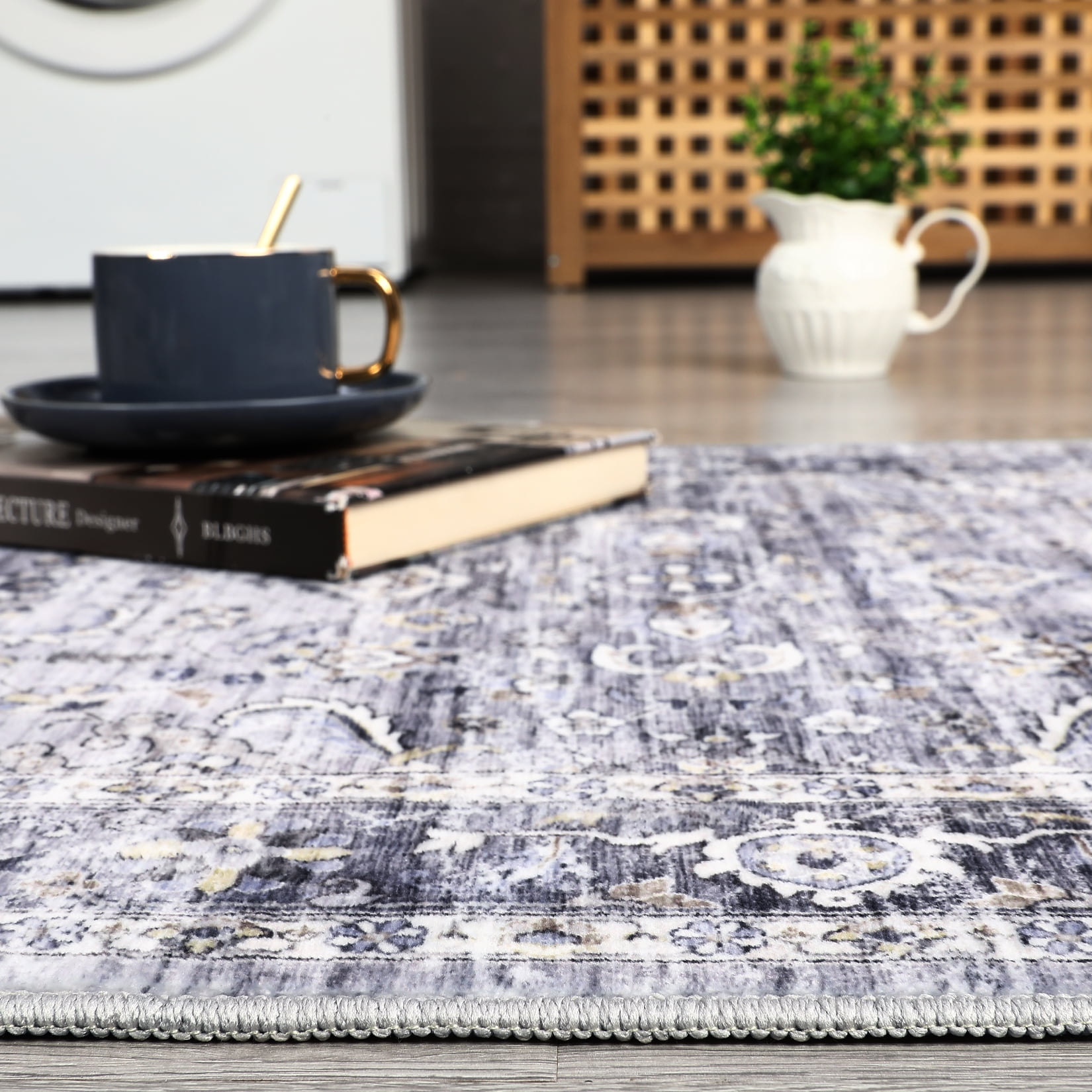 Garvee Area Rug 5'x7' Vintage Floral Print Rugs for Living Room Non-Slip Stain-Resistant Throw Rugs Home Decor, Blue Gray