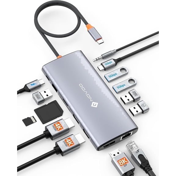 NOVOO USB-C Docking Station 14-in-1 USB-C Hub, Triple Display Adapter with Dual 4K@60Hz HDMI, 8K@30Hz DisplayPort, Gigabit Ethernet, 100W PD, USB-C/A Data Ports, SD/TF Card Reader, Audio for Laptops