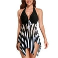 thumbnail image 1 of Traje De Baño Dividido Patrón De Estampado Elegante Cuello Halter Dobladillo De Malla Irregular Sin Espalda Traje De Baño De Dos Piezas Conjunto De Bikini Rayas Negras XXL, 1 of 6