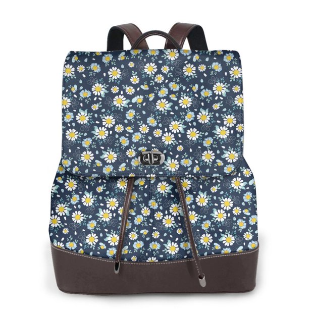 Disketp Daisy Floral B Mochila de Cuero para Mujer, Bolso de Espalda Antirrobo con Estilo para Viaje, Trabajo y Uso Diario