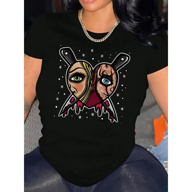 T-Shirt Décontracté à Col Rond pour Femmes avec Imprimé Géométrique de Dessin Animé, Tissu en Polyester Tricoté, Élasticité Moyenne, Tee-Shirt à Manches Courtes pour Toutes les Saisons, Confortable pour l'Été, Fête des Pères, Fête des Mères, Nouvel An, Sp