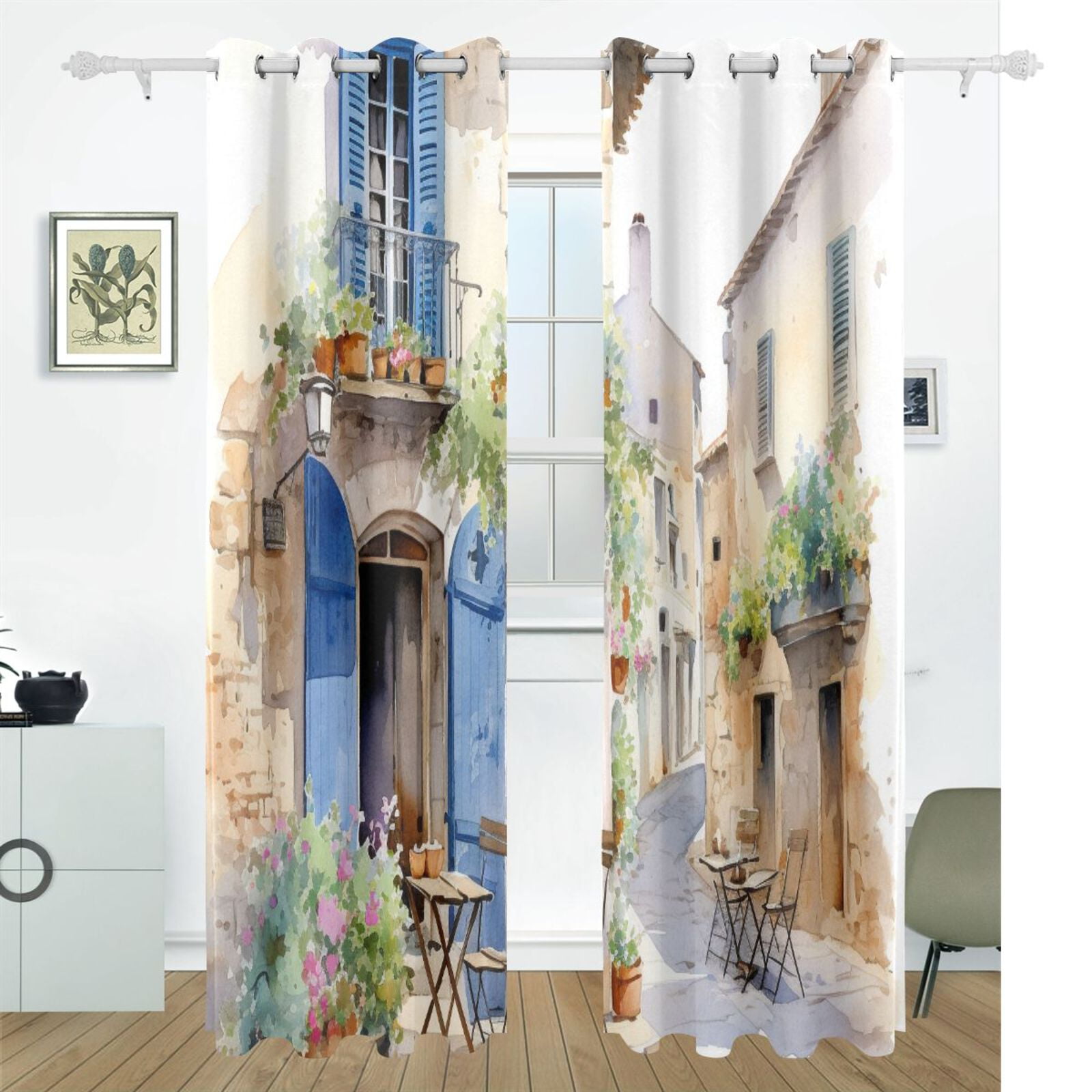 Flowers Painting Houses Black Out Curtains 72 Inch Length Curtains for Sliding Glass Doors Bedroom Living Room 2 Pack