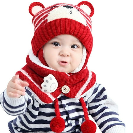 

QWZian Baby Boy Girl Winter Hat Toddler Bear Ear Cap Beaniess Hat With Scarf Fleece Lined Knitted Cap Neckwarmer For Kids 2 Pieces Red