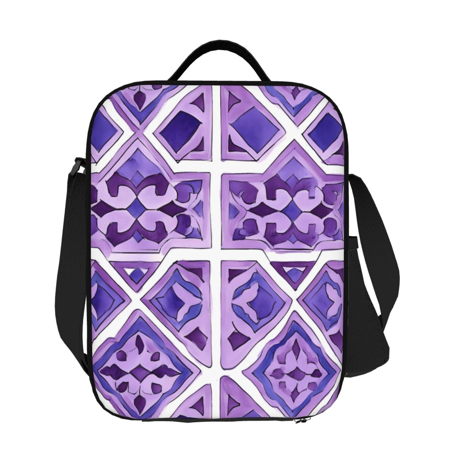Thermal Insulation One Shoulder Portable Bento Bag Can Be Reused 8×10.5in For Carrying Drinks Bento Box Fruit Snacks Mediumpurple Moroccan Trellis Hand-Drawn Sketch_3