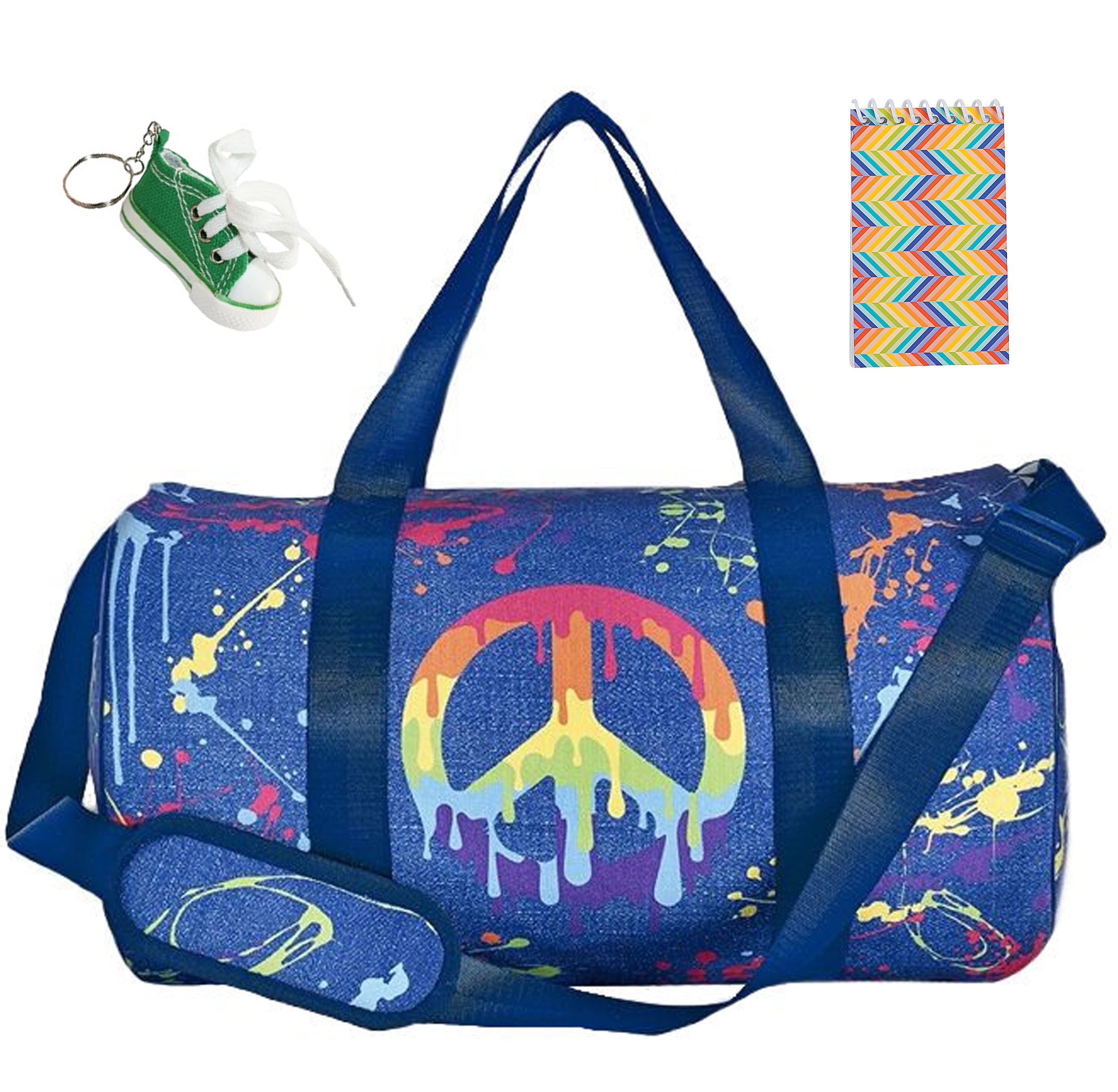 Top Trenz Peace Denim Splatter Sporty Duffle Bag, Keychain & Notepad