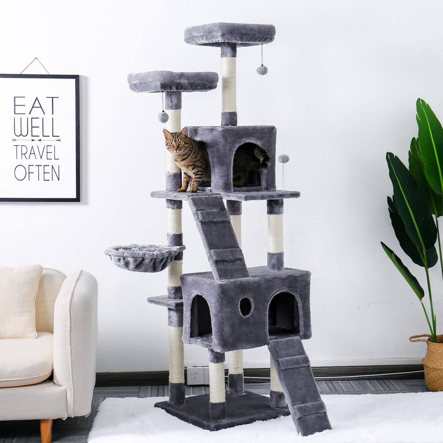 Kepooman Cat Tree With Scratching Posts Natural Sisals, Kitten Tower Center with 2 Condos Natural Sisals, Pet Play Condo Furniture, Grey Kepooman Cat Tree With Scratching Posts Natural Sisals, Kitten Tower Center with 2 Condos Natural Sisals, Pet Play Condo Furniture, Grey