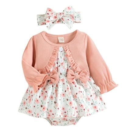 

Frontwalk Baby 2Pcs Long Sleeve Dress Outfit Crew Neck Fake Two Headband Set Girls Floral Print Holiday Romper Dresses Pink 80cm
