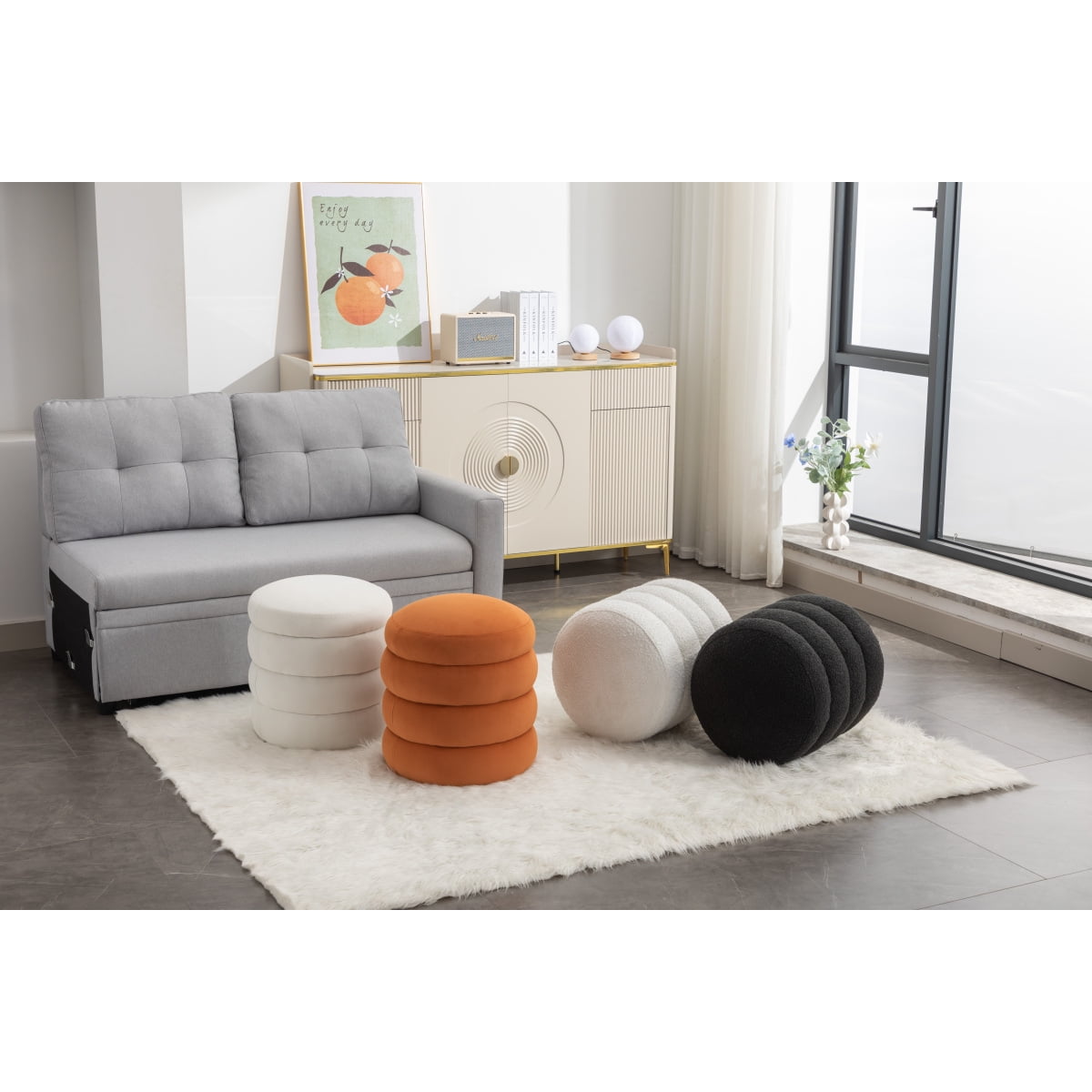 006-Ivory Soft Velvet Round Ottoman Versatile Footrest Stool for Living Room Bedroom