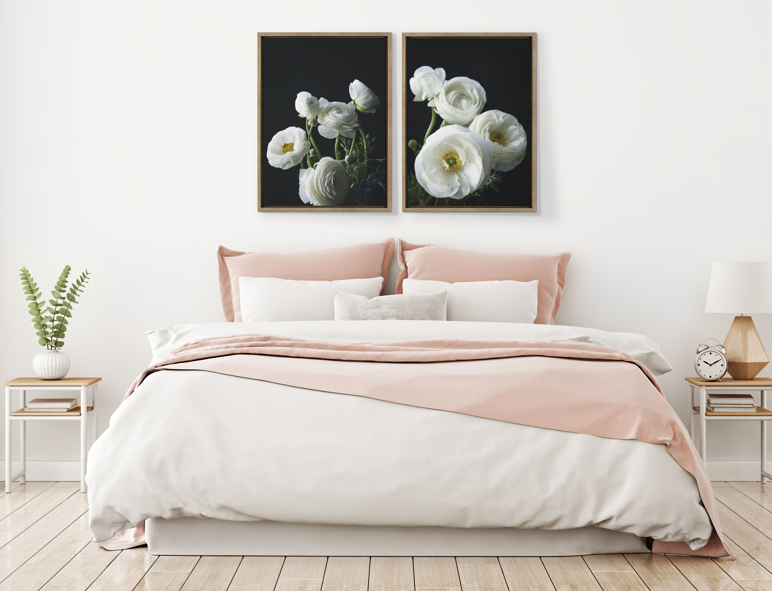 Kate and Laurel Sylvie White Ranunculus 4 and White Ranunculus 3 Framed Canvas Wall Art Set by Emiko and Mark Franzen of F2Images, 2 Piece 18x24 Gold, Decorative Floral Art for Wall