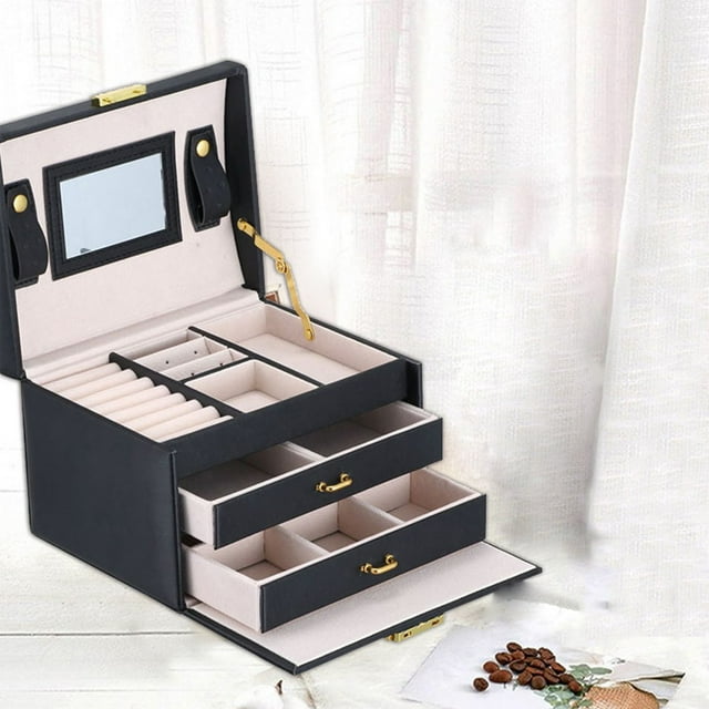Iumwxz Three Layer Double Drawer Color Fashion Jewelry Box With Mirror And Lock
