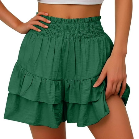 Aboser Womens Y2k Layered Ruffle Shorts Cotton Linen Flowy Bloomers Boho Mini Skirts Elastic High Waist Skorts Cute Smocked Tutu Shorts Tiered Pleated Shorts