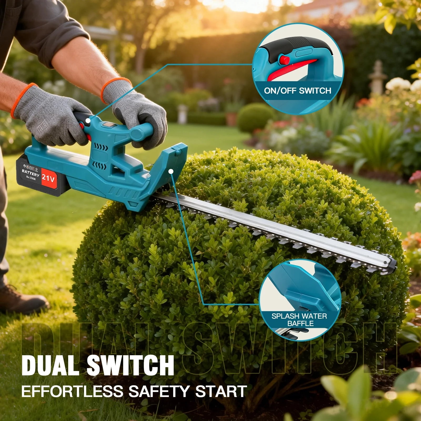 21V Cordless Hedge Trimmer, 20-Inch Dual-Action Blade, 24000 RPM Motor, 2 x 3.0Ah Batteries & Charger Included, Lightweight 3.97 lbs for Shrubs, Bushes, Yard Work