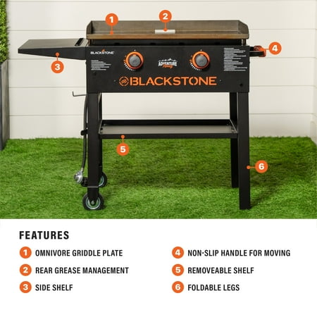 blackstone adventure ready 2-burner 28” propane griddle with omnivore griddle plate