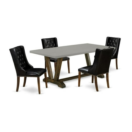 East West Furniture V797FO749-5 5 Pc Dinette Set – 4 Black Pu Leather Dining Room Chair Button Tufted with Nail heads and Wooden Table – Distressed Jacobean Finish