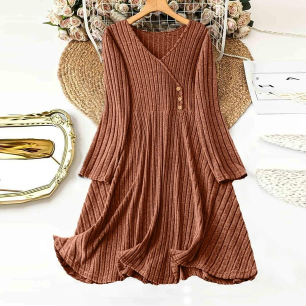 mfyjkho Vestidos para mujer, Mono de sudadera de manga larga con cuello redondo y bolsillos plisados en la espalda de color liso para mujer, falda larga Vestidos festivos para mujer xxl
