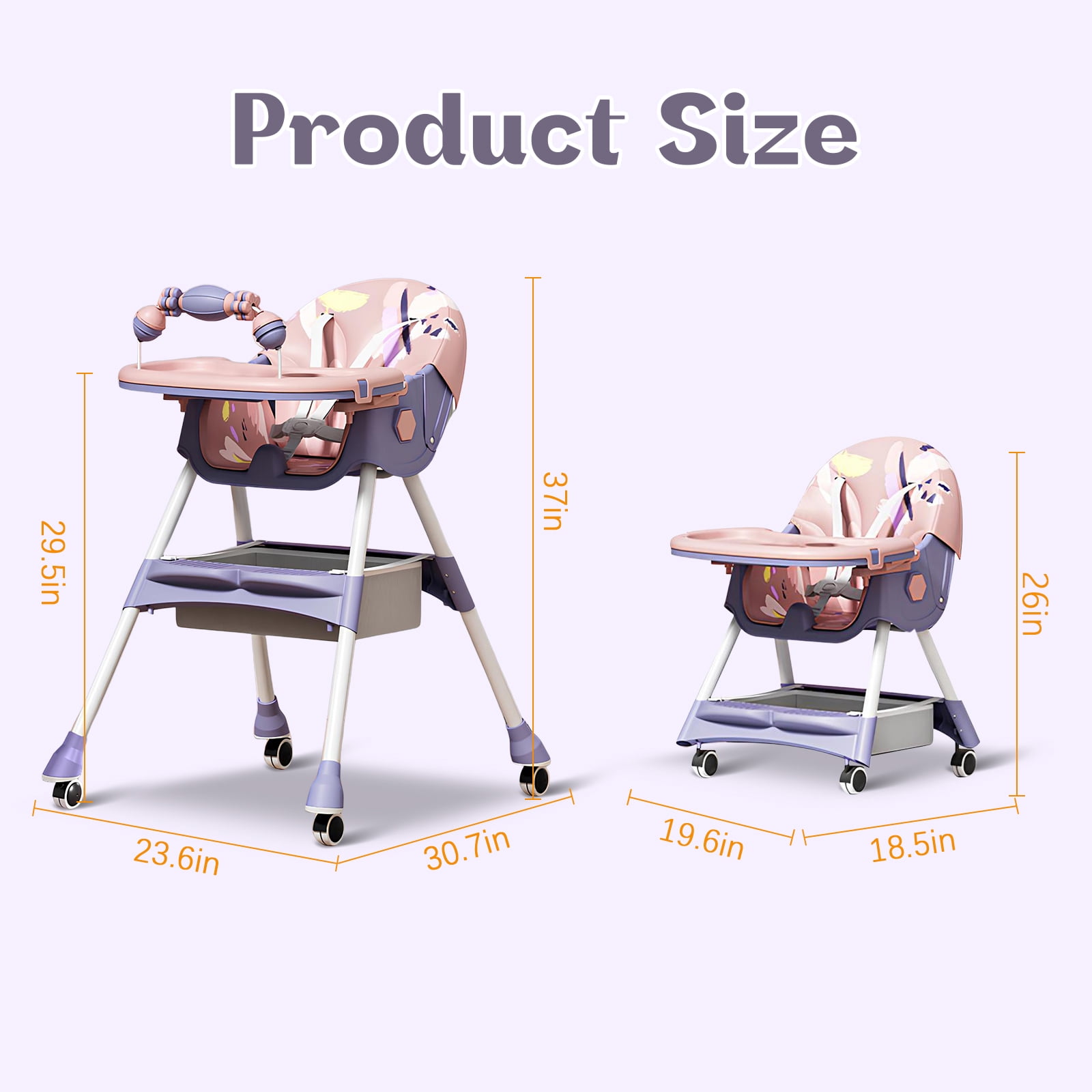 HDUTNGISN 4-in-1 Foldable Baby High Chair with 5-Point Harness, Double Plates & Toy Rack, Purple