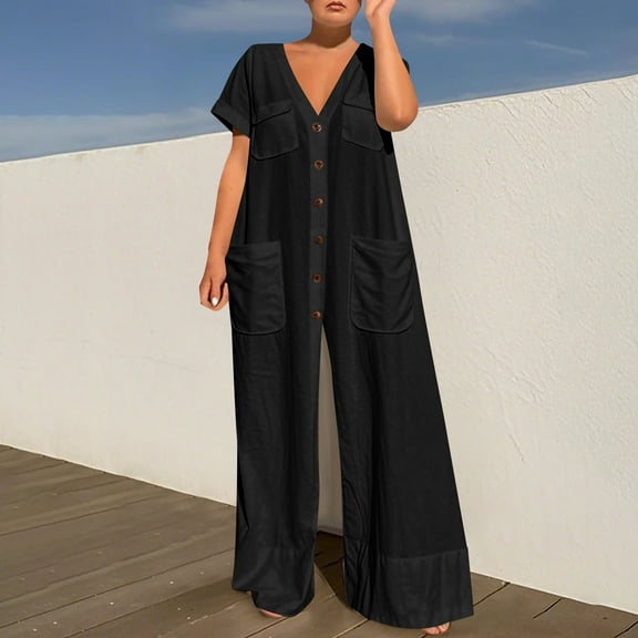 Women's Casual Long Sleeve Round Neck Jumpsuits Work Wide Leg Pants Club Party Loose Rompers Black S