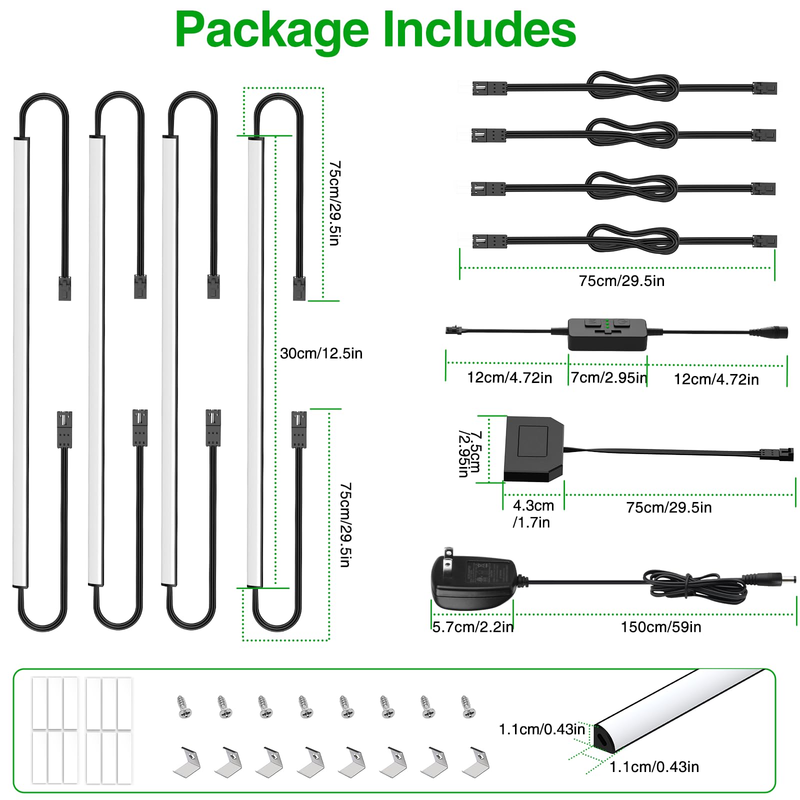 Under Cabinet Lighting Kit - 4 Bars, 12W, CCT 2700-6000K, Slider Dimmer, Timer, Plug-in for Kitchen, Gun Safe, Curio Cabinet, Bookshelf