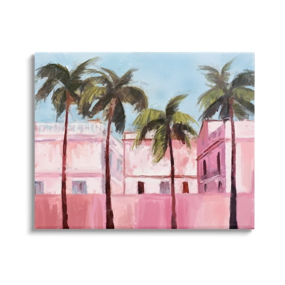 Stupell Industries Tropical Pink Buildings Botanical & Floral Painting Gallery Wrapped Canvas Art Print Wall Art, 20 x 16