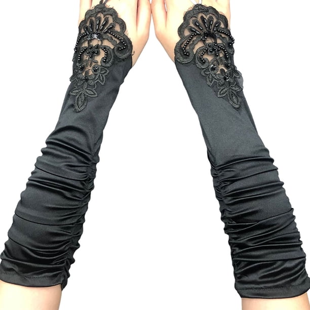 Qarigey Guantes largos florales de encaje, ropa de mano sin dedos, mitones Vintage bordados, elásticos, para bodas, fiestas nocturnas, guantes y mitones Negro Tamaño libre
