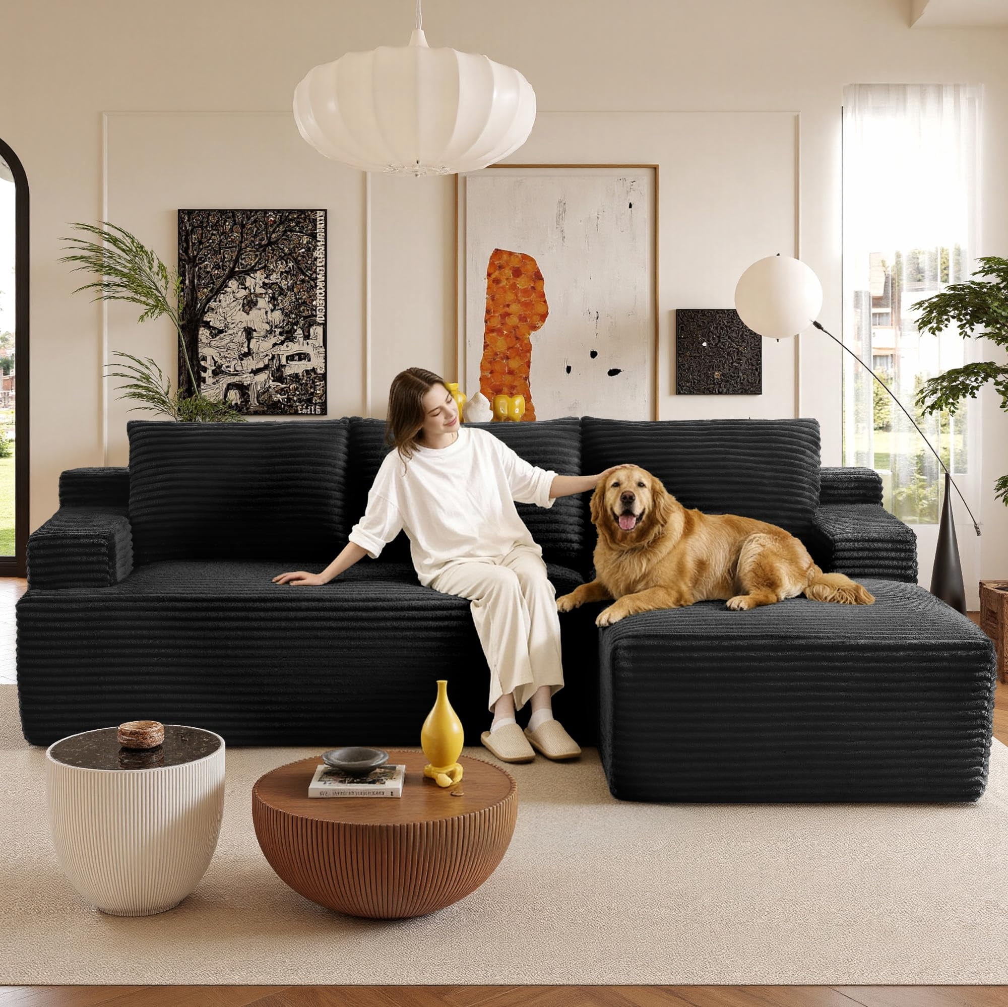 Aukfa 95" Cloud Sectional Sofa Modular Boneless Couch for Living Room, 2 Storage Pockets&Pillows, Right Chaise, Corduroy, Black