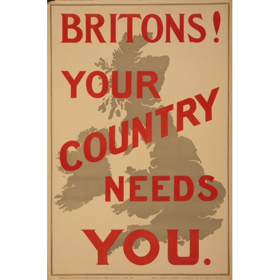 Parliamentary Rec Com WWI Recruitment Poster 1914 Britons Your Country Needs You Canvas Art - (24 x 36)