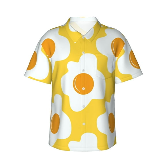 Fried Eggs On A Yellow Background Men's 3d Print Casual Button Down Shirts, Novelty Hawaiian Short Sleeves 2xl