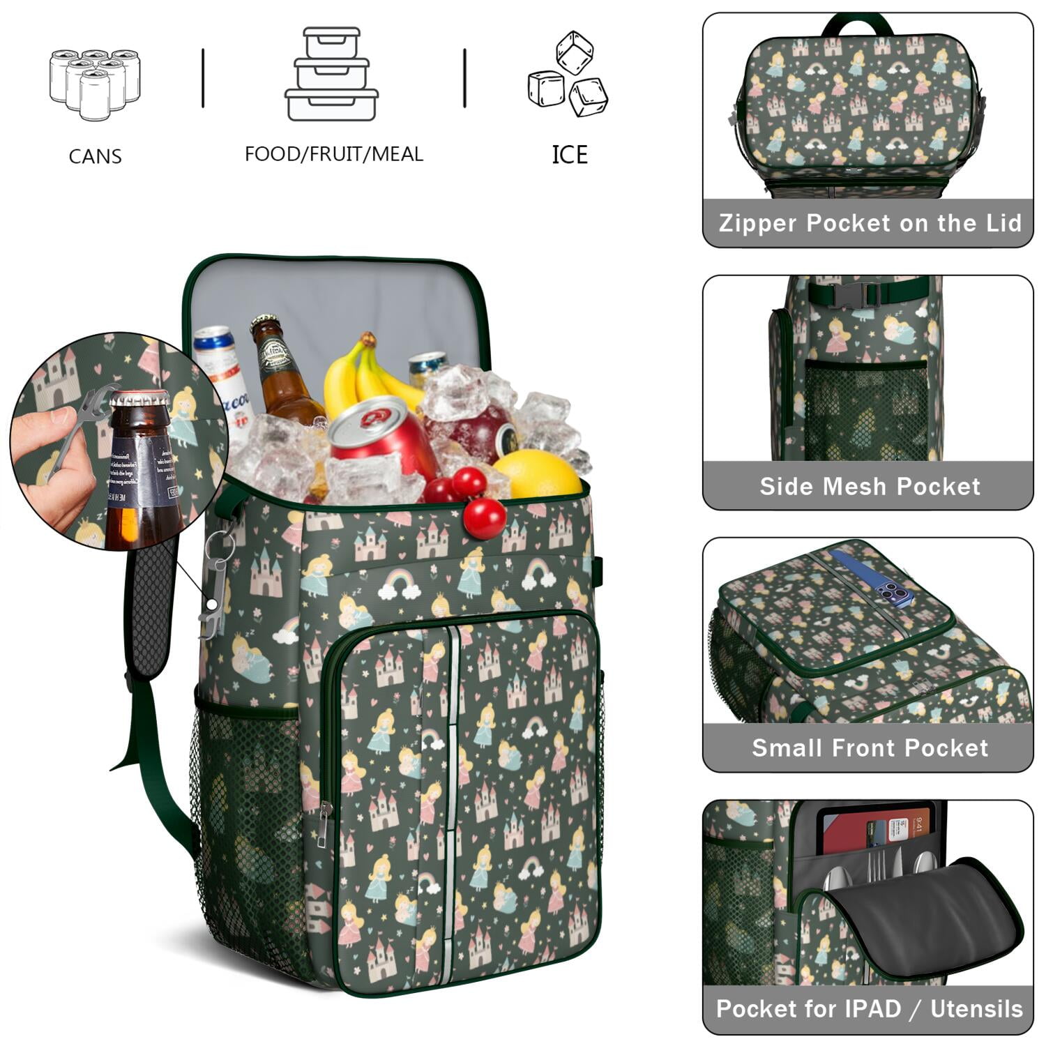 Travel Cooler Bag - Dark Green Princess Castle Rainbow Pattern Camping Beer Cooler Backpack with Bottle Opener- Waterproof Insulated Picnic Backpacks - Cooler Bag for Beach