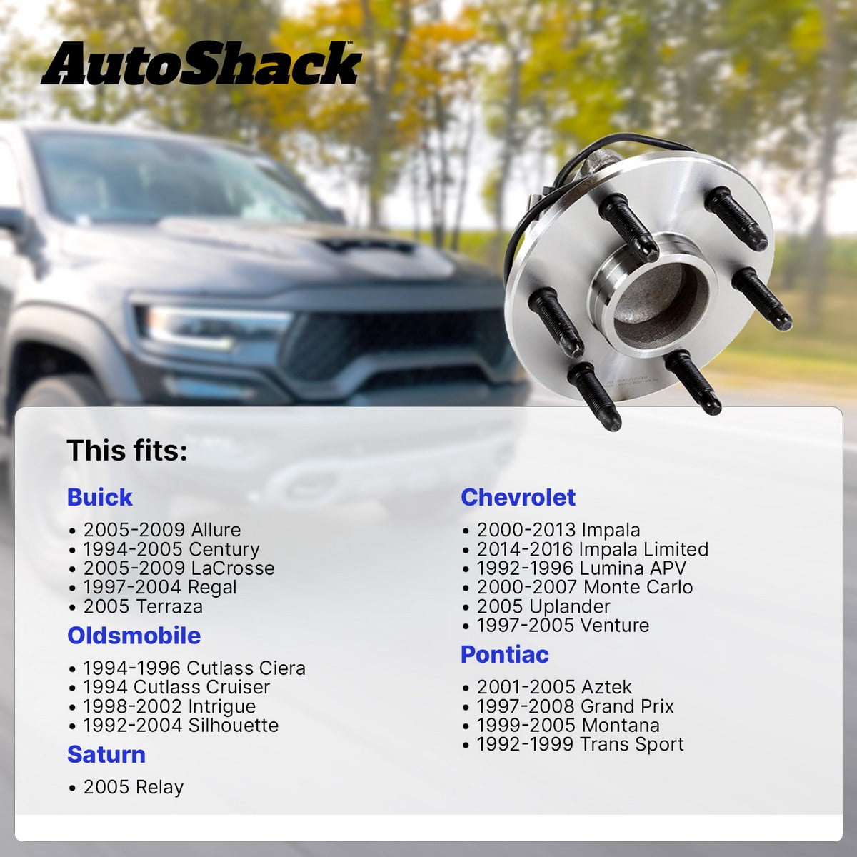 AutoShack Rear Wheel Hub Bearing Assemblies - Driver and Passenger Side for Chevrolet & Pontiac, Impala 2000-2013 Grand Prix 1997-2008, FWD V6 3.1L 3.4L 3.5L 3.6L 3.8L 3.9L V8 5.3L - 5-Lug, With ABS