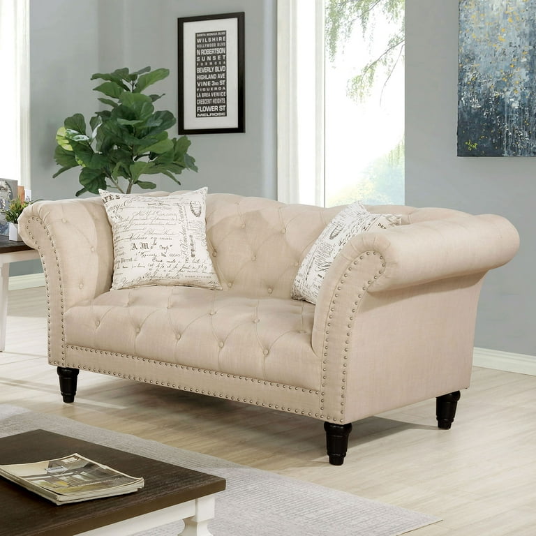Classic Sofa Set Beige Linen Sofa Loveseat Chair 3p Living Room Furniture Tufted Pillows Couch