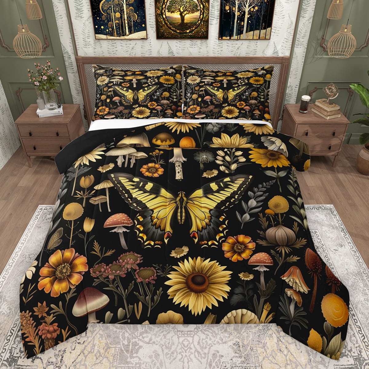 Feelyou 3D Butterfly Animal Queen Comforter Set Rustic Groovy Floral Bedding Sets Farmhouse Botanical Plant Reversible Bedding Comforter Set Lightweight Room Decor 3-Piece