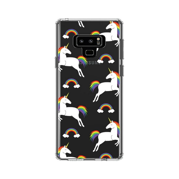 DistinctInk Clear Shockproof Hybrid Case for Samsung Galaxy Note 9 - TPU Bumper, Acrylic Back, Tempered Glass Screen Protector - Rainbows & Unicorns