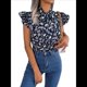 thumbnail image 3 of Blusas Bohemias de con Cuello Alto, Corta con Volantes y Estampado Floral para Mujer, Estilo Informal, Elegante, de Verano 2025. Azul Oscuro XL, 3 of 7