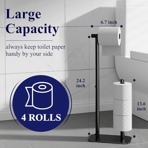 Freestanding Toilet Paper Holder with Large Capacity for 4 Rolls, Rustproof and Stable Base with Non-Slip Design, Medium Size in Black Finish
