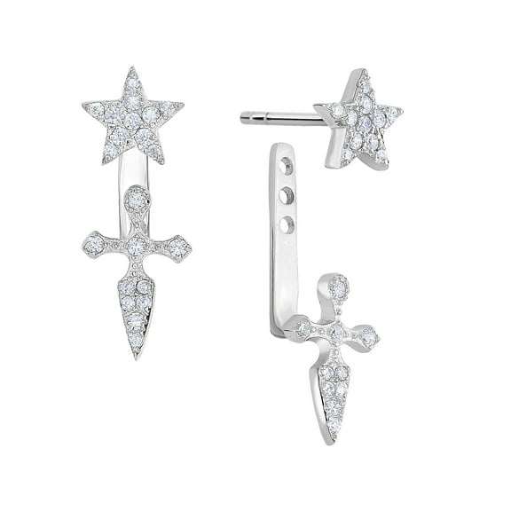 Tilo Jewelry .925 Sterling Silver Dangle Cross & Star 2 In 1 Stud Earrings with Cubic Zirconia CZ Stones for Women & Unisex