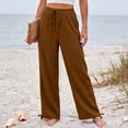 thumbnail image 2 of Wide Leg Linen Pants for Women Casual Drawstring Palazzo Pants Summer Vacation Beach Flowy Trousers with Pockets, L, 2 of 7