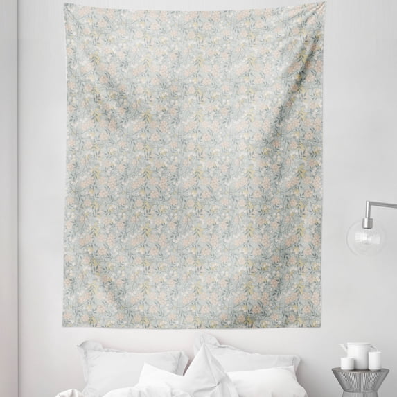 Jasmine Tapestry, Pastel Vintage Themed Nature Pattern Leaves and Minimal Flowers, Fabric Wall Hanging Decor for Bedroom Living Room Dorm, 5 Sizes, Pale Green Multicolor, by Ambesonne