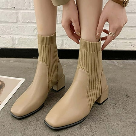 

Womens boots Thanksgiving Deals Juebong Women s Winter Retro Splicing Boots Chunky Heel High Heels Square Toe Knitting Boots