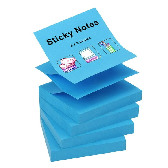 ZcZN Pop-up Sticky Notes 3 x 3 Pouces, 4 Tampons Lumineux Couleur Auto-Adhésif Notes, 100 Feuilles de Bloc-Notes, Bleu