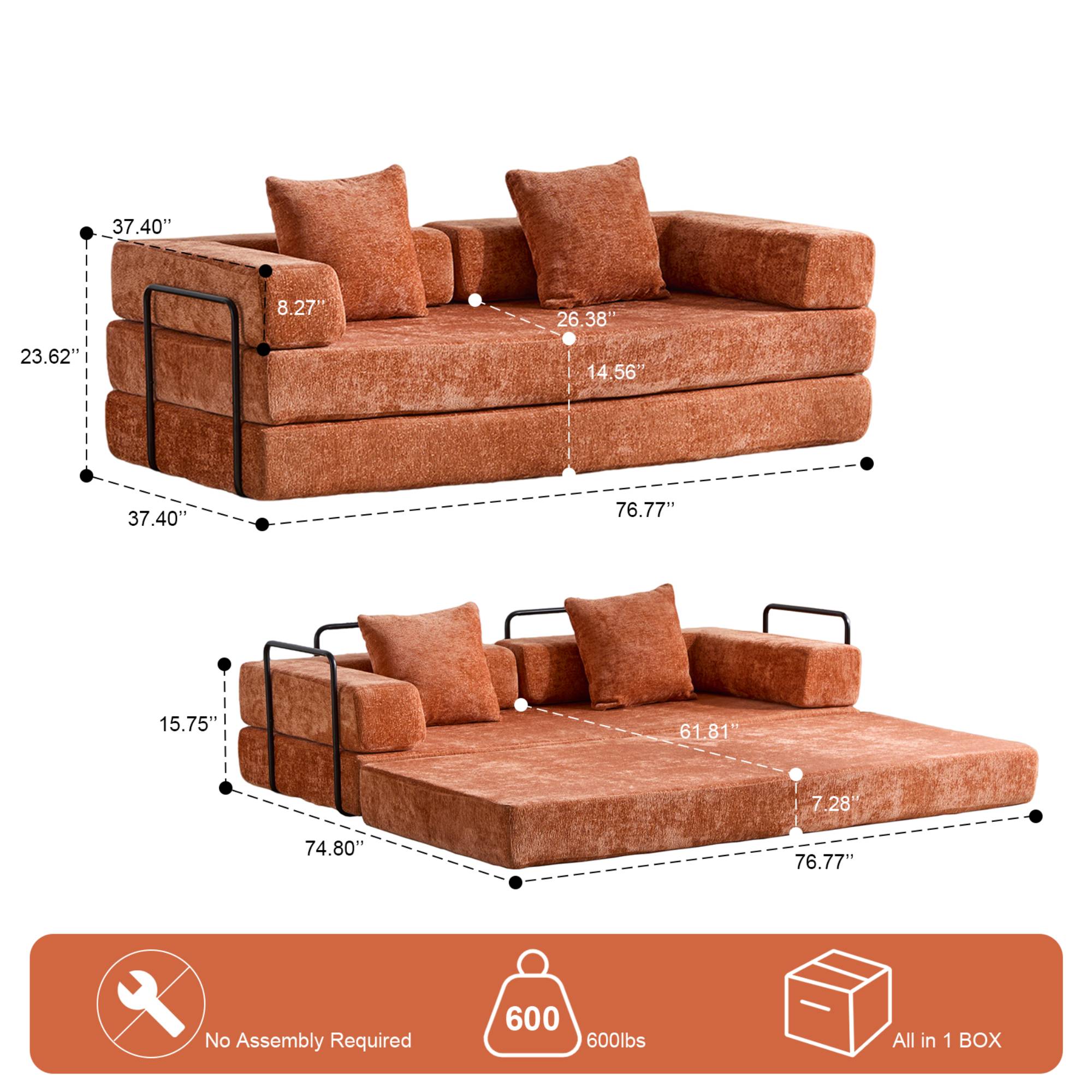 Convertible Sleeper Sofa Bed with Pillow, Corduroy Folding Mattress Floor Sofa Lounge Couch for Living Room, Bedroom, Orange