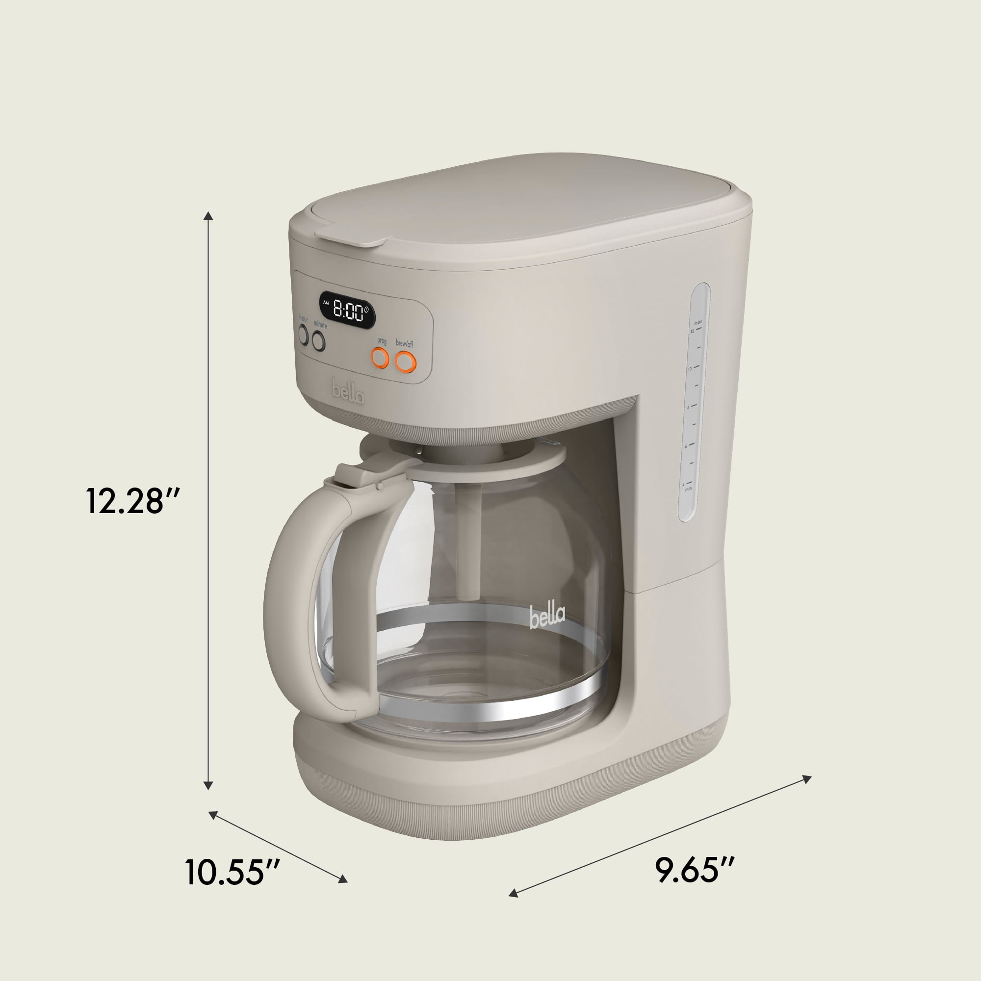 bella 12 Cup Programmable Drip Coffee Maker with Glass Carafe, Auto Shut-Off, Oatmilk