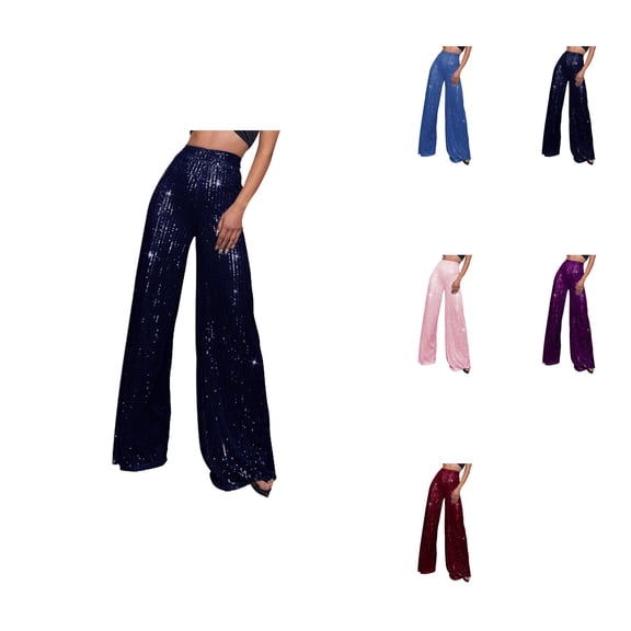 Women's Fashion Casual Sequined Pants, Sparkling High Waist, Wide Leg Flared Trousers, Shiny Loose Fit, Elastic Side Zipper
