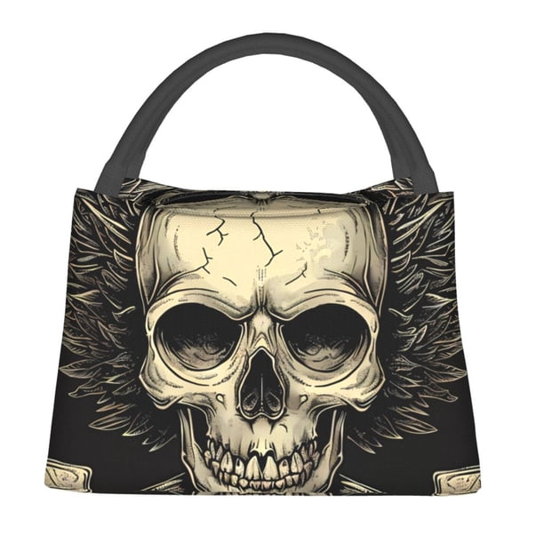 Fotbe Gothic Winged Skull Bolsa Térmica Portátil con Estampado, Bolsa de Entrega de Alimentos Aislada, Bolsa Reutilizable de Gran Capacidad para Comidas y Supermercado